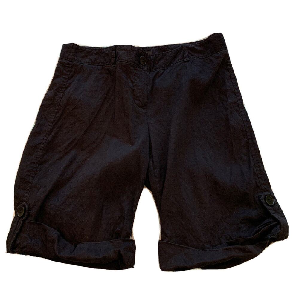 Size 2 Theory Cuff Shorts Womens Black Treeca Stretch Linen Blend 10" Inseam